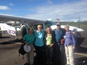 Above L to R:  Cathy, Sr Mary Beth, Sand, Andres, Peg ready to board our puddle jumper!